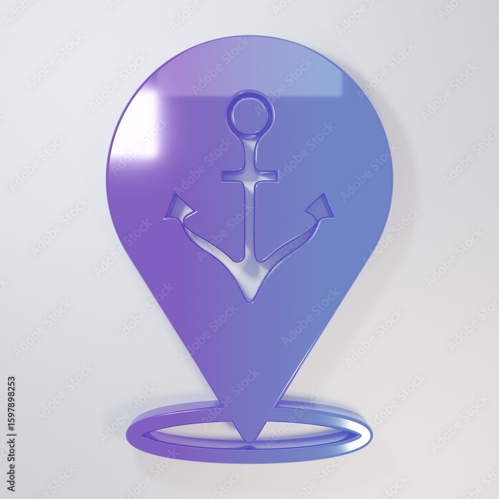 Poster purple-blue map pointer with anchor icon isolated on grey background. minimalism concept. 3d render 