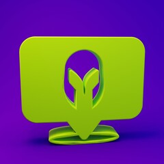 Green Medieval iron helmet for head protection icon isolated on purple-blue background. Knight helmet. Minimalism concept. 3D render illustration