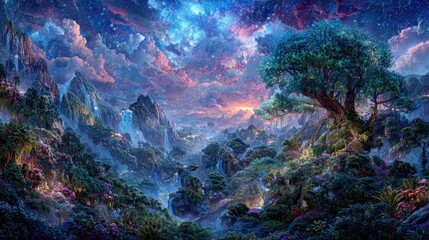 Fantasy Mountain Landscape With Glowing Trees And Stars