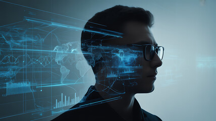 Man wearing glasses with digital data overlay profile silhouette