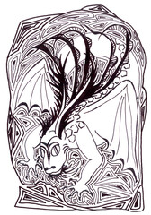 Cute Japanese winged dragon with long black horns and beard. Geometric pattern with triangles. Black and white oriental wallpaper. Cartoon image of a fantasy animal. Digital illustration for coloring.