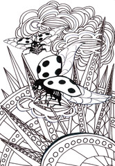 Spotting insects flying among clouds. Stylized triangles rays of the sun. Black and white geometric pattern with insect. Cartoon isolated image of an animal. Creative digital illustration for coloring