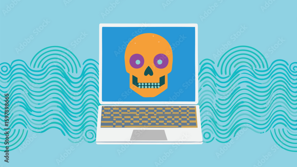 Poster laptop displaying a skull on screen with wavy background and checkered keyboard design visible on de
