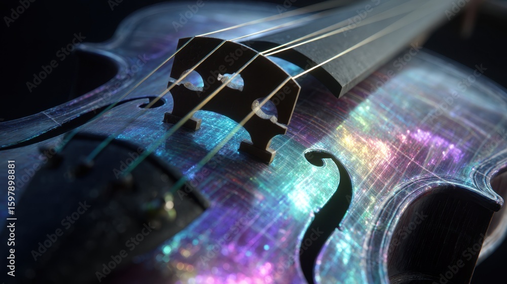 Poster light dances across the surface of a violin's soundboard, revealing its woven structure and highligh