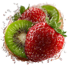 A juicy strawberry and halved kiwi fruit dynamically arranged mid-air, droplets and seeds highlighted with bright rim light to enhance tactile freshness, isolated on transparent background. 