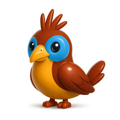 Cute 3D cartoon bird with big eyes and colorful feathers on white background