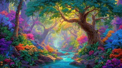 Colorful Tropical Forest Stream Scene