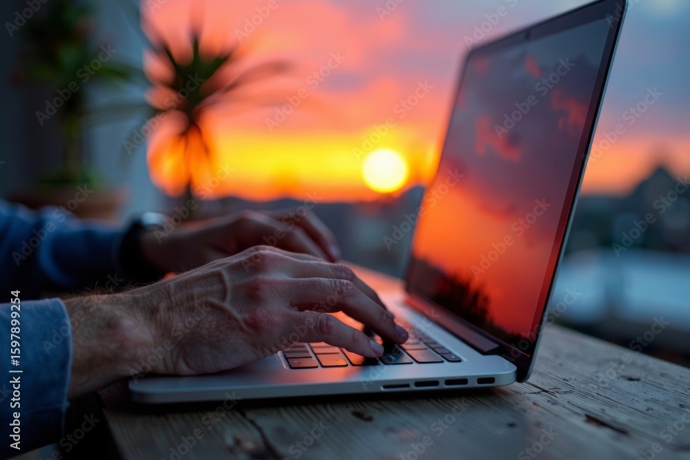 Poster man's hands typing on laptop with sunset reflected in screen in close-up view