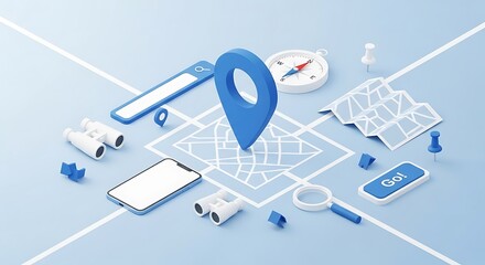 Isometric location pin with map, smartphone, binoculars, and compass suggest exploration and discovery