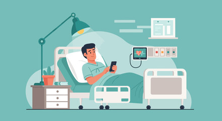 Fototapeta premium Young Patient Relaxing In Hospital Bed Using Mobile Phone For Communication And Entertainment