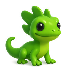 Cute 3D cartoon green lizard with big eyes on white background