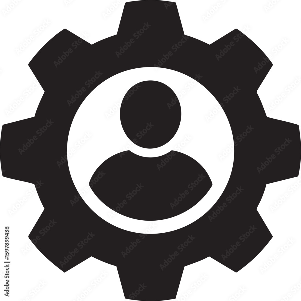 Poster minimalist black gear with person vector silhouette icon representing user settings management profi