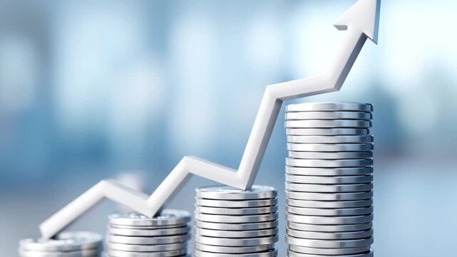 Stacked coin pile with upward arrow symbolizing sustainable finance growth and investment success in modern financial concept featuring silver currency coins and economic investment money trends