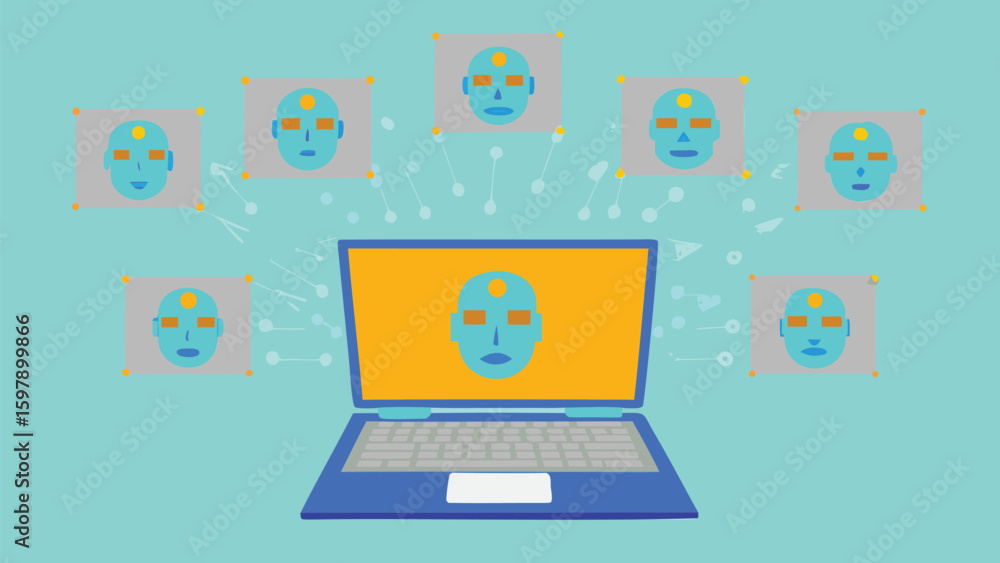 Poster laptop displaying a face surrounded by multiple face icons in a network concept design