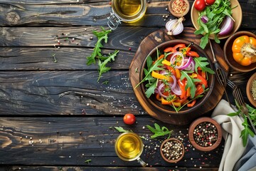 Vibrant salad featuring bell peppers, arugula, onions, and fresh herbs on a dining table