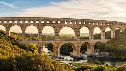 Naklejka premium Pont du Gard Roman Aqueduct Bridge over Scenic River Valley in Southern France at Sunset