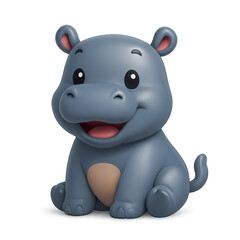 Cute 3D cartoon baby hippo sitting with a smile, round face and soft colors. Perfect for zoo designs, kids' stories, and animal learning games