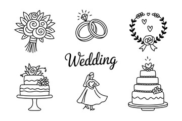 Fototapeta premium A collection of weddingthemed drawings includes a bride, cake, rings, and bouquet