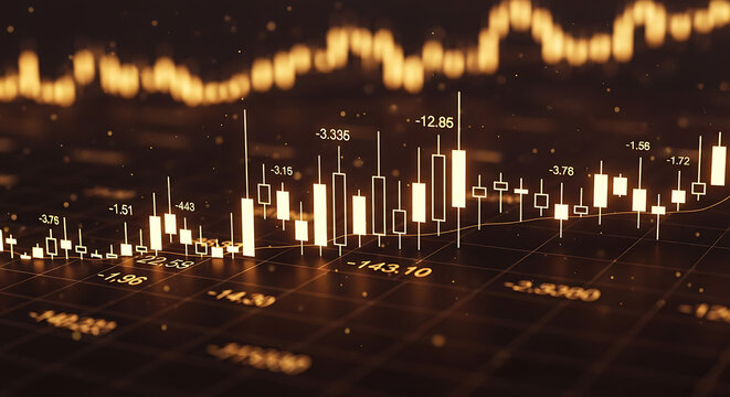 Luminous candle chart visualizes financial data changes and market trends in economic forecasting display