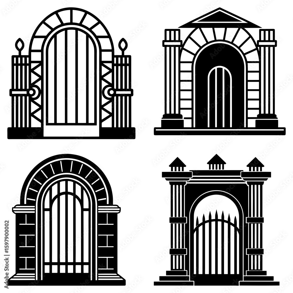 Poster illustration of four different styles of gates with varying designs and architectural elements in bl