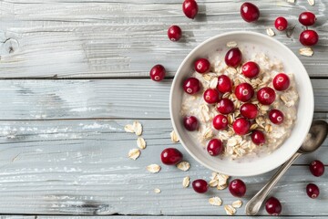 Healthy breakfast idea  oat flakes topped with fresh cranberries on a rustic wooden surface