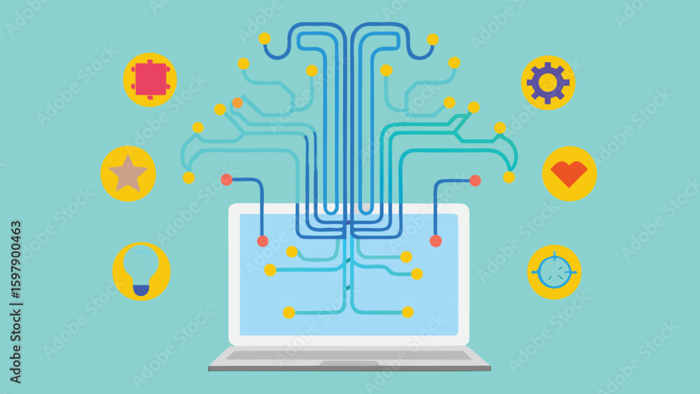 Poster laptop connected to a network with icons representing different functions and applications online