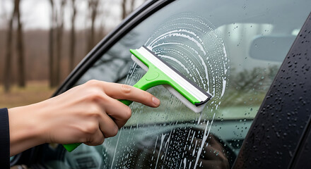 Person holding squeegee with green handle is cleaning car windshield with soap and water