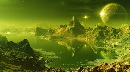 Stunning planetary landscape with crystalline lakes and twin suns brightening the horizon