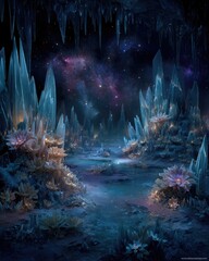 Crystalline Cave Landscape At Night