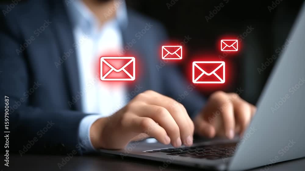 Aufkleber professional typing on a laptop as email notifications pop up on screen.