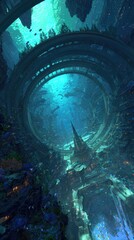 Pixelated Underwater City Tunnel With Glowing Structures