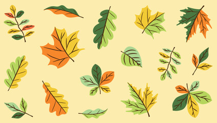 Vector design with simple stylized oak and maple leaves in an autumn palette. It is ideal for printing on children's textiles, bedding, postcards and for scrapbooking. A set of autumn branches and lea