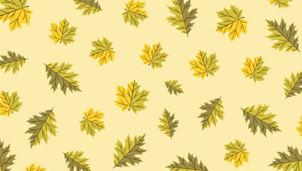 Autumn seamless pattern with cartoon leaves on a cream background. This minimalistic vector design includes stylized maple and oak leaves in autumnal shades of yellow and green. Autumn background.