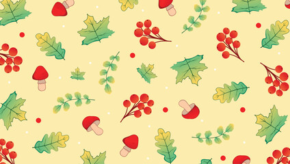Seamless vector pattern with autumn elements on a pastel background. Handmade cartoon illustrations include maple and oak leaves, mountain ash branches, and mushrooms. Ideal for textiles, wallpaper, s
