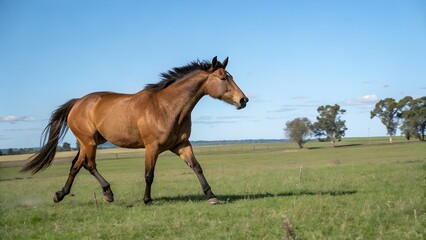 Fototapeta premium Australian Stock Horse Trotting Confidently in Open FieldAustralian Stock Horse Trotting Confidently in Open FieldAustralian Stock Horse Trotting Confidently in Open Field