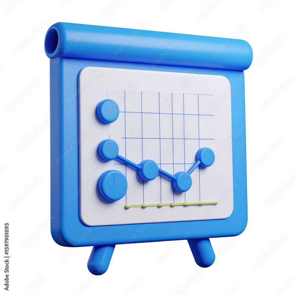 Poster 3d rendered blue presentation board displaying line graph against white grid on clear background