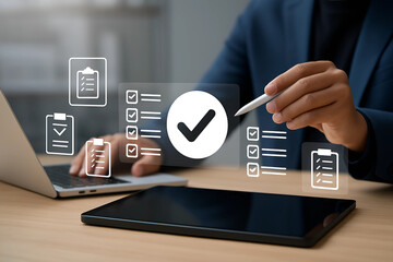 Digital Task Management Concept with Business Professional Using Interactive Checklist Interface in Modern Workspace