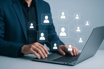 Digital Team Connection and Professional Networking with Businessperson Typing on Laptop and Abstract Communication Icons