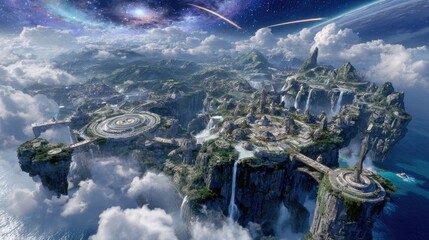 Floating City Aerial View With Lush Landscapes And Waterfalls
