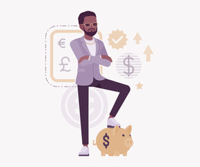 Dark skin currency trader financial market stock exchange piggy bank pose. Stockbroker dealer, investment advisor vector flat style cartoon illustration, dollar, euro, pound currency signs background