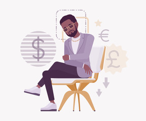 Dark skin currency trader financial market stock exchange worry pose. Stockbroker dealer, investment advisor vector flat style cartoon illustration, dollar, euro, pound currency signs background
