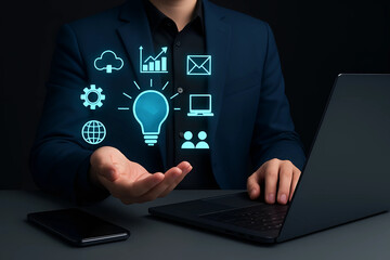 Business Technology Innovation: Hand Holding Digital Holographic Icons Including Cloud, Data Analytics, Email, Gear, Global Network, Light Bulb, Computer, and Teamwork