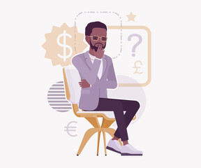 Dark skin currency trader financial market stock exchange thinking pose. Stockbroker dealer, investment advisor vector flat style cartoon illustration, dollar, euro, pound currency signs background
