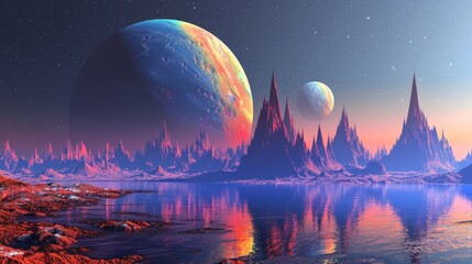 Breathtaking planetary landscape featuring crystalline lakes and dual suns illuminating the horizon