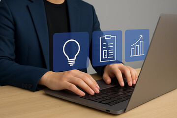 Businessman Typing on Laptop with Floating Virtual Icons Representing Innovation, Planning, and Business Growth