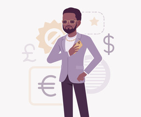 Dark skin currency trader financial market stock exchange phone user pose. Stockbroker dealer, investment advisor vector flat style cartoon illustration, dollar, euro, pound currency signs background