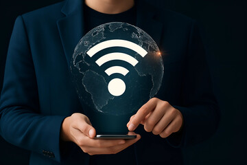 Global Wireless Connectivity Concept: Businessman Holding Smartphone with Holographic Earth and Wi-Fi Signal Over Dark Futuristic Background