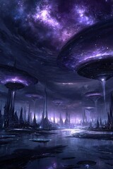 Futuristic Purple Floating City At Night