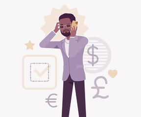 Dark skin currency trader financial market stock exchange phone worry pose. Stockbroker dealer, investment advisor vector flat style cartoon illustration, dollar, euro, pound currency signs background