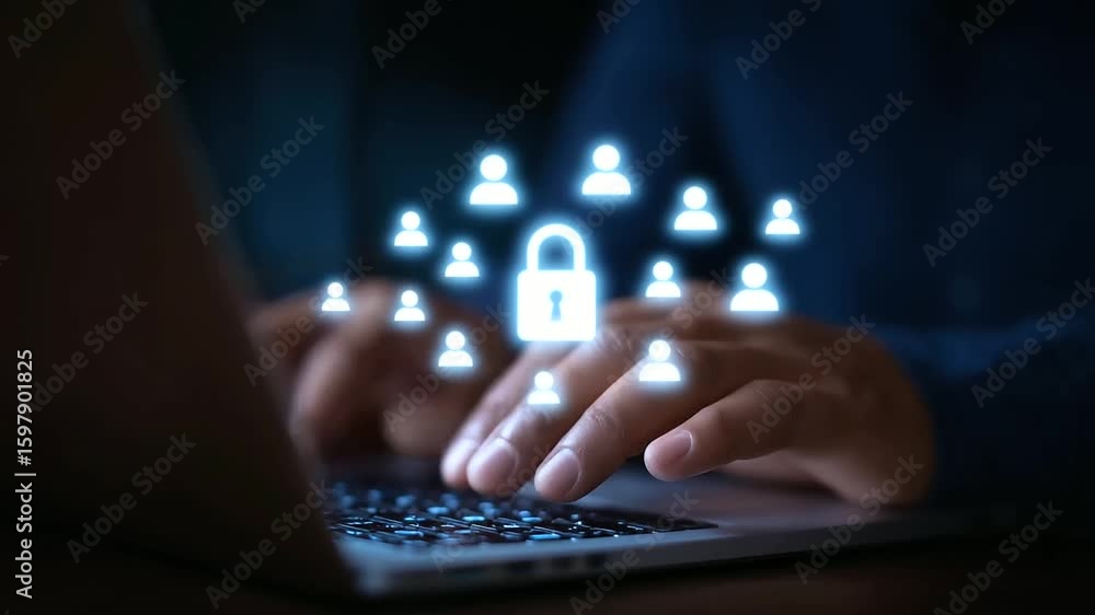 Poster zoomed-in view of hands typing on a laptop with digital cybersecurity symbols overlay.